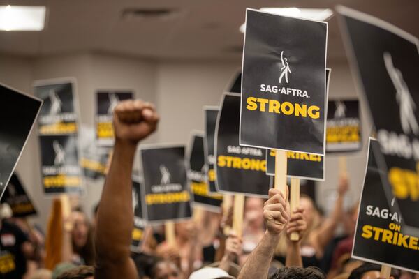 Union members of SAG-AFTRA join with supporters at a rally to discuss the strike and how important it is in Atlanta on Monday, July 17, 2023. (Katelyn Myrick/katelyn.myrick@ajc.com)