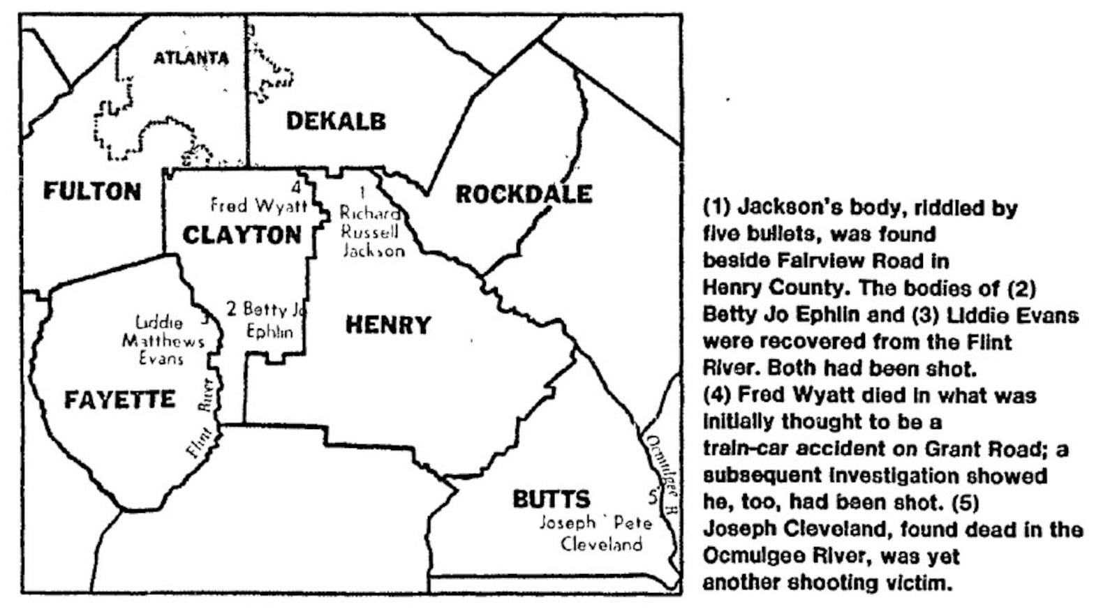 This 1978 map shows the locations where the five victims in the Flint River Murders were found in 1973 and later in 1977-78.