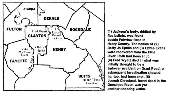 This 1978 map shows the locations where the five victims in the Flint River Murders were found in 1973 and later in 1977-78.