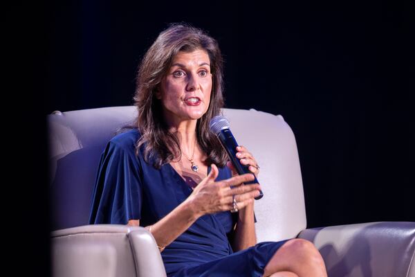 Former U.N. ambassador and Republican presidential candidate Nikki Haley speaks at The Gathering conservative political conference in Buckhead on Friday, August 18, 2023. (Arvin Temkar / arvin.temkar@ajc.com)