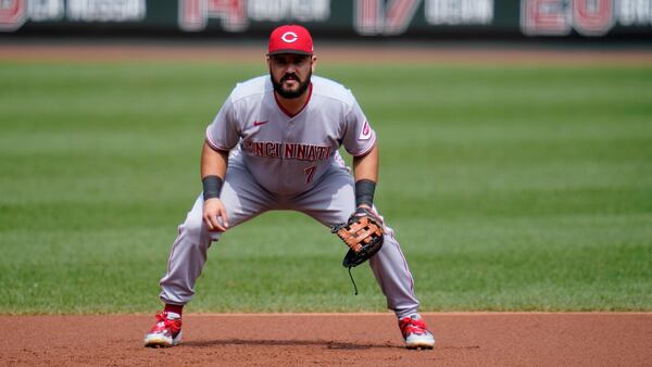 Cincinnati Reds third baseman Eugenio Suarez takes up his position during the first inning against the St. Louis Cardinals Sunday, Sept. 13, 2020, in St. Louis. (Jeff Roberson/AP)