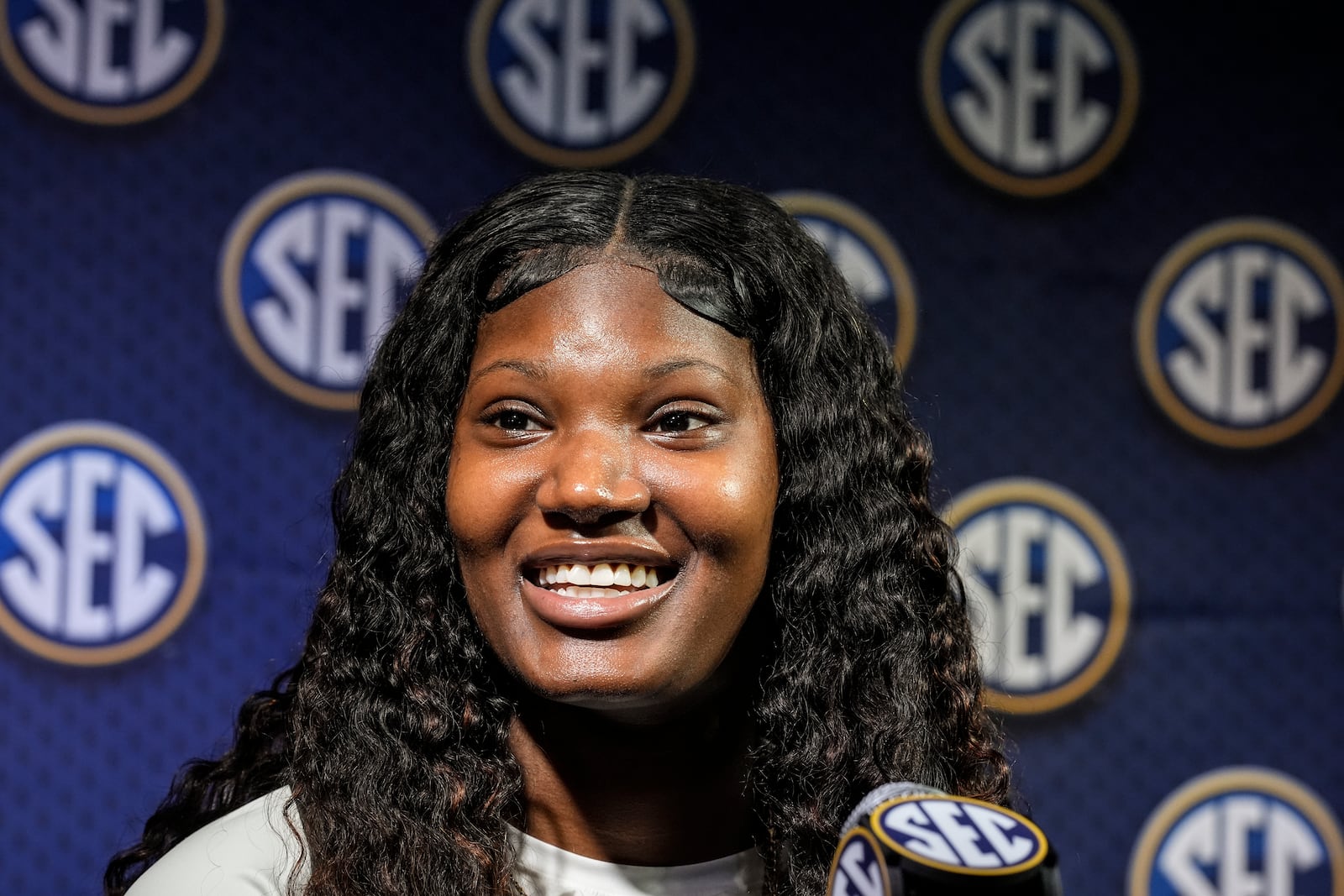 South Carolina player Sania Feagin speaks during an NCAA Southeastern Conference Media Day, Wednesday, Oct. 16, 2024, in Birmingham, Ala. (AP Photo/Mike Stewart)