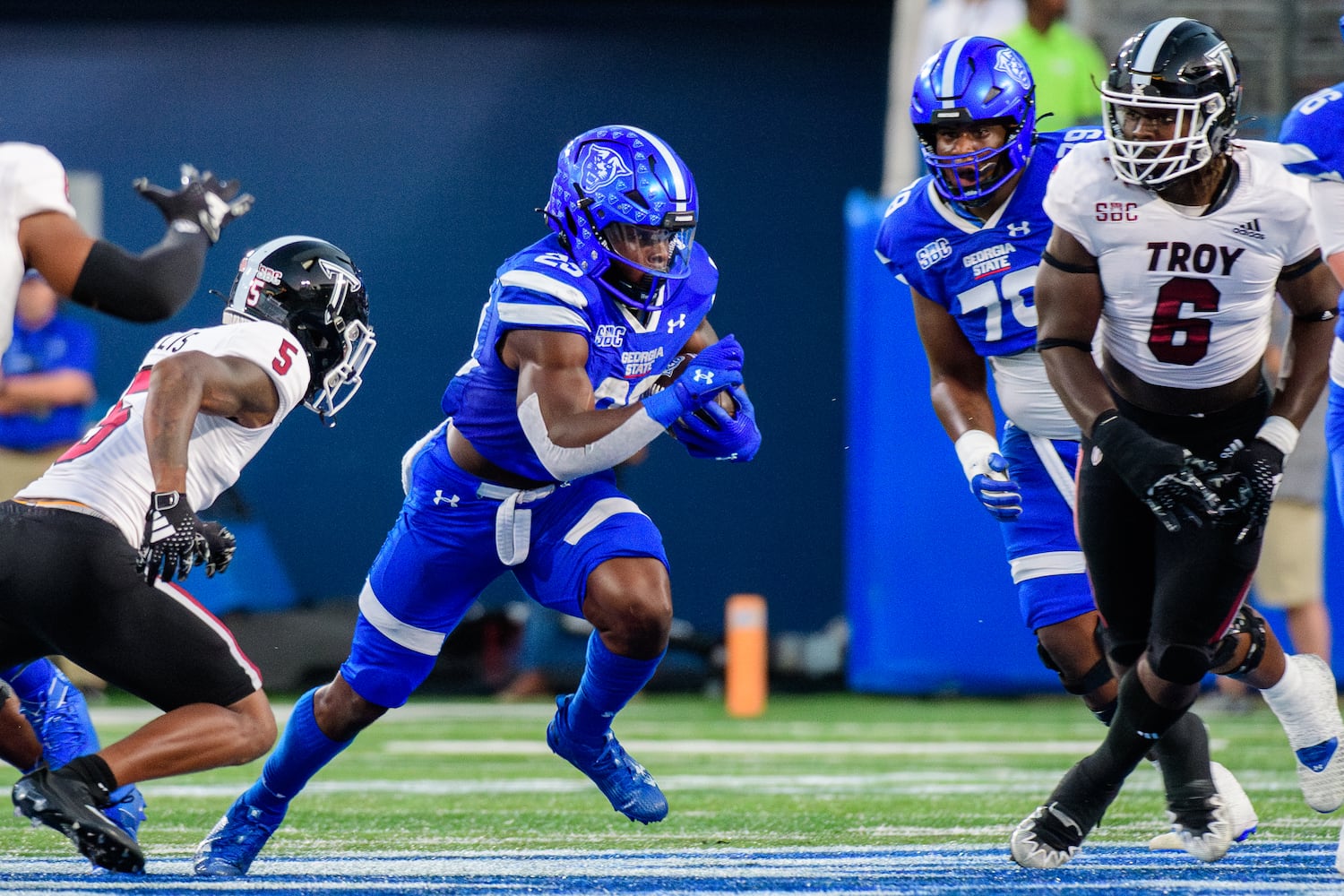 Georgia State's Marcus Carroll runs the ball during against Troy Saturday, Sept. 30, 2023 (Jamie Spaar for the Atlanta Journal Constitution)