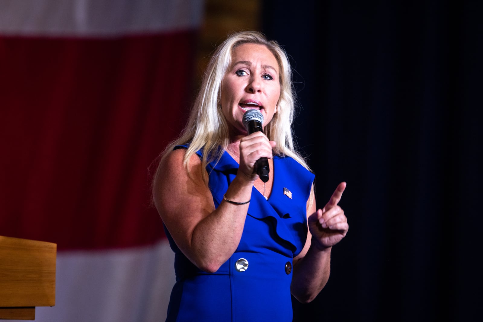 U.S. Rep. Marjorie Taylor Greene speaks at the Georgia GOP convention in Columbus on Friday, June 9, 2023. (Arvin Temkar / arvin.temkar@ajc.com)