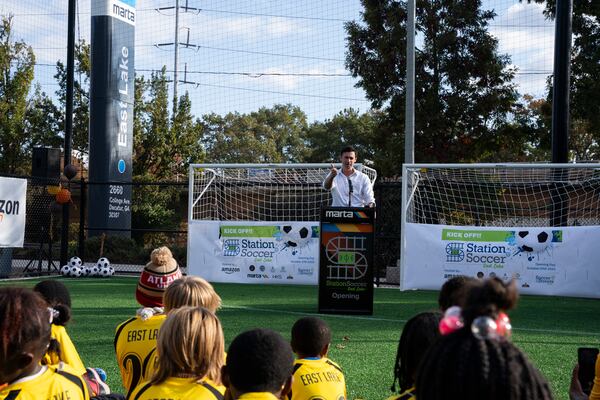 Senator Jon Osoff speaks in support of Soccer in the Streets' new field at the East Lake Marta Station in Atlanta, Georgia on Friday, Oct, 27, 2023. (Olivia Bowdoin for the AJC).