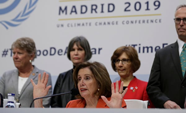 House Speaker Nancy Pelosi  speaks during a news conference at the COP25 climate talks summit Monday in Madrid.