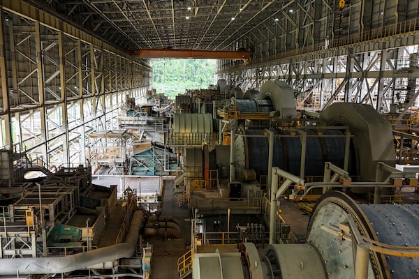 Mills at the Cobre Panamá copper mine, owned by Canada's First Quantum Minerals, sit idle during a press tour of the mine which was closed after Panama's Supreme Court ruled that the government concession was unconstitutional in Donoso, Panama, Friday, March 21, 2025. (AP Photo/Matias Delacroix)