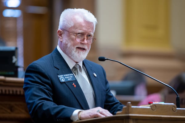 State Sen. Randy Robertson, R-Cataula, sponsor of Senate Bill 63, regarding bonds and bails, speaks on the bill in the Senate at the Capitol in Atlanta on Thursday, February 1, 2024. (Arvin Temkar/arvin.temkar@ajc.com)