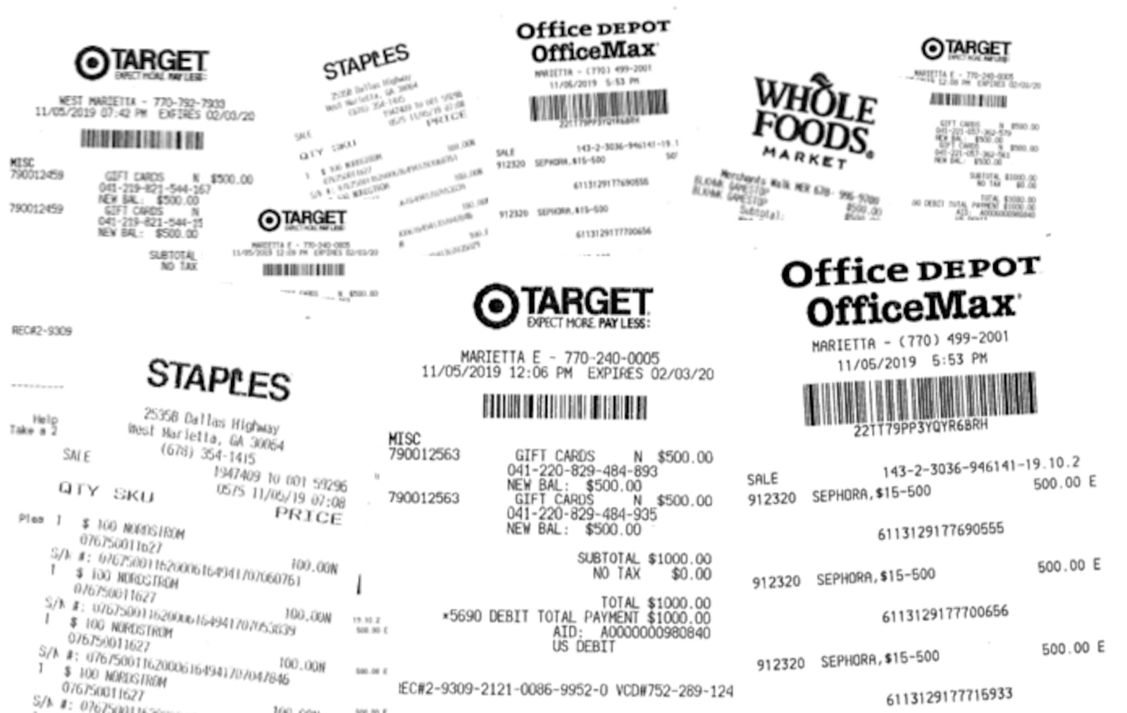 These are several of the gift card receipts that Karen Faulkner kept after being scammed out of $35,500.