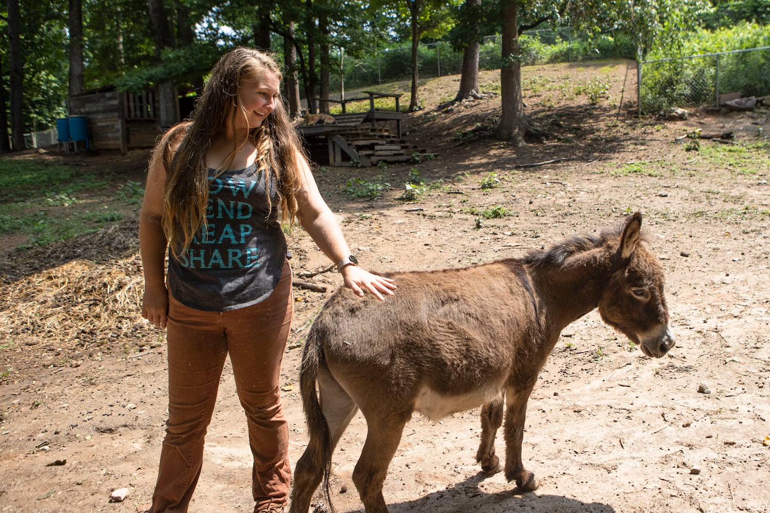 Hillary Jensen, director of Our Giving Garden, pets one of the donkeys living at Our Giving Garden on Wednesday, June 7, 2023, in Mableton, Georgia. Our Giving Garden is a nonprofit community garden that donates fresh produce to families without access to it. CHRISTINA MATACOTTA FOR THE ATLANTA JOURNAL-CONSTITUTION.