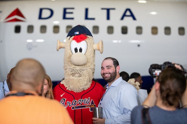 Braves mascot Blooper poses for photographs before a ceremony that revealed the Delta Air Lines jet dedicated to the Braves championship Thursday, July 28, 2022. (Steve Schaefer / steve.schaefer@ajc.com)