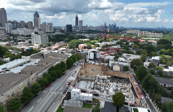 Sparse trees surround the footprint of a large development in the Old Fourth Ward neighborhood is shown from above on Thursday, Sept. 8, 2022.  (Hyosub Shin / Hyosub.Shin@ajc.com)