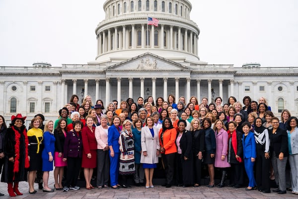 Democratic Speaker of the House Nancy Pelosi (C) poses with Democratic women of the 116th Congress on the East Front of the U.S. Capitol in Washington, D.C. Jan. 4, 2019.