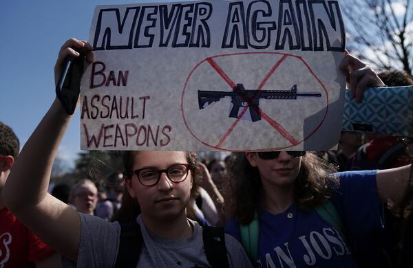 WASHINGTON, DC - FEBRUARY 21:  Students participate in a protest against gun violence February 21, 2018 on Capitol Hill in Washington, DC. Hundreds of students from a number of Maryland and DC schools walked out of their classrooms and made a trip to the U.S. Capitol and the White House to call for gun legislation, one week after 17 were killed in the latest mass school shooting at Marjory Stoneman Douglas High School in Parkland, Florida.  (Photo by Alex Wong/Getty Images)