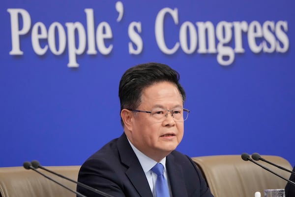 Zheng Shanjie, chairman of the National Development and Reform Commission meets the press on the sideline of the National People's Congress in Beijing, China, Thursday, March 6, 2025. (AP Photo/Vincent Thian)