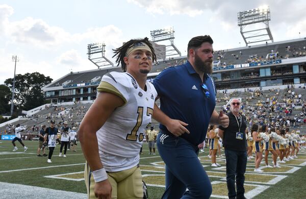 Georgia Tech's quarterback Jordan Yates (13) leaves after Georgia Tech won over Kennesaw State in an NCAA college football game at Georgia Tech's Bobby Dodd Stadium in Atlanta on Saturday, September 4, 2021. Georgia Tech won 45-17 over Kennesaw State. (Hyosub Shin / Hyosub.Shin@ajc.com)