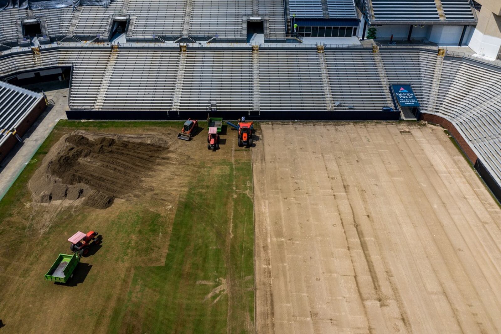 Work began in late May 2020 on changing the playing surface at Georgia Tech's Bobby Dodd Stadium from natural grass to artificial turf. The new surface on Grant Field is expected to be ready for the start of Tech's football season Sept. 3. (Georgia Tech Athletics/Danny Karnik)