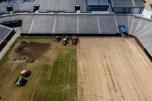 Work began in late May 2020 on changing the playing surface at Georgia Tech's Bobby Dodd Stadium from natural grass to artificial turf. The new surface on Grant Field is expected to be ready for the start of Tech's football season Sept. 3. (Georgia Tech Athletics/Danny Karnik)