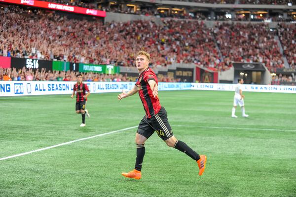 Atlanta United defender Julian Gressel (24) after scoring the equalizing goal during a MLS match between the Portland Timbers and Atlanta United on June 24, 2018, at Mercedes-Benz Stadium in Atlanta, GA. (Photo by John Adams/Icon Sportswire)