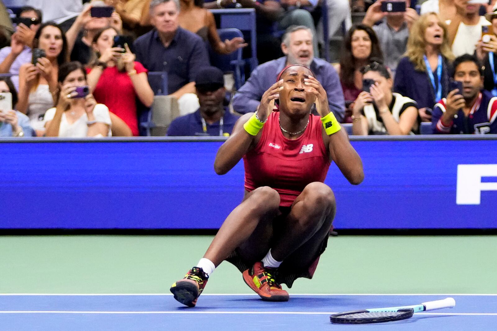 Coco Gauff, of the United States, reacts after defeating Aryna Sabalenka, of Belarus, to win the women's singles final of the U.S. Open tennis championships, Saturday, Sept. 9, 2023, in New York. (AP Photo/Frank Franklin II)