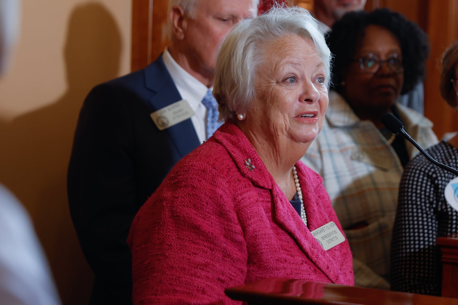 Rep. Mary Margaret Oliver (D-Decatur)) speaks during a press conference announcing a new mental health cleanup bill on Tuesday, February 21, 2023. (Natrice Miller/ natrice.miller@ajc.com)