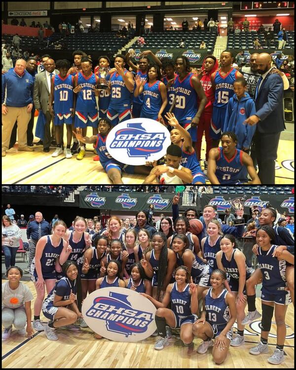 The 2021-22 Class 2A state champions are the Westisde Patriots on the boys' side, and the Elbert County Blue Devils on the girls'. (Top: Stan Awtrey for the AJC; Bottom: Chip Saye for the AJC)