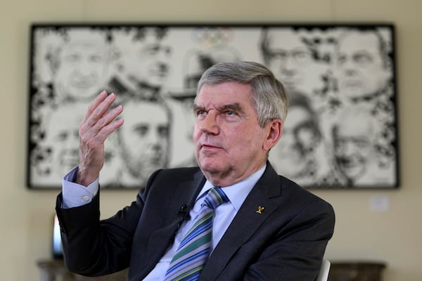 International Olympic Committee (IOC) President Thomas Bach talks to the Associated Press during an interview at the Olympic House, in Lausanne, Switzerland, Wednesday, March 5, 2025. (Laurent Gillieron/Keystone via AP)