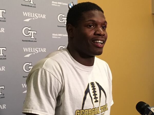 Georgia Tech linebacker JaQuan Henderson addresses media April 11, 2018. (Ken Sugiura/AJC)