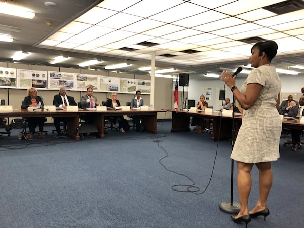 Atlanta Mayor Keisha Lance Bottoms, right, addressed the McPherson Implementing Local Redevelopment Authority board Monday, Aug. 26, 2019. J. SCOTT TRUBEY/ STRUBEY@AJC.COM