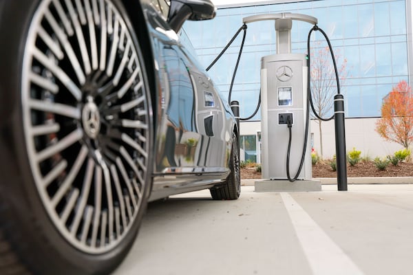 A Mercedes-Benz car is seen charging into the new EV charging station outside the Mercedes-Benz headquarters on Wednesday, Nov. 15, 2023. Mercedes-Benz introduced a groundbreaking electric vehicle (EV) fast-charging hub at its U.S. headquarters, marking the initiation of a plan to deploy 2,000 charging stations globally by the conclusion of 2024.
Miguel Martinez /miguel.martinezjimenez@ajc.com