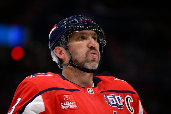 Washington Capitals left wing Alex Ovechkin reacts during the first period of an NHL hockey game against the Edmonton Oilers, Sunday, Feb. 23, 2025, in Washington. (AP Photo/Nick Wass)