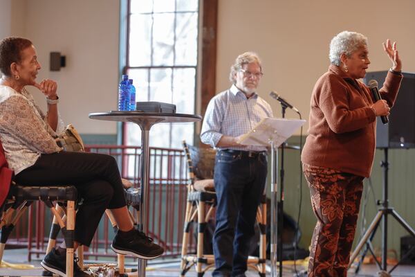 Former Atlanta mayor Shirley Franklin (right) speaks as civic leaders Renee Glover and Bill Bolling look on  during a panel discussion about transportation on The Beltline at The Trolley Barn in Atlanta on Monday, March 11, 2024. (Natrice Miller/ Natrice.miller@ajc.com)