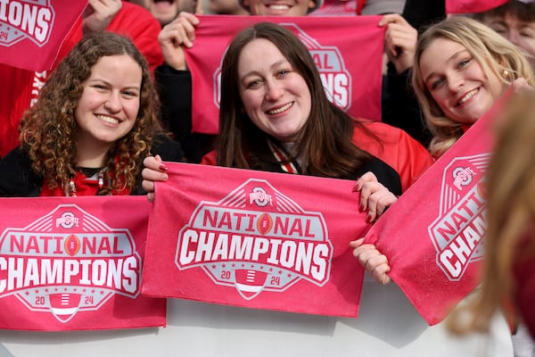 Ohio State Buckeyes football fans cheer during the National Championship celebration at Ohio Stadium in Columbus, Ohio, Sunday, Jan. 26, 2025. (AP Photo/Joe Maiorana)