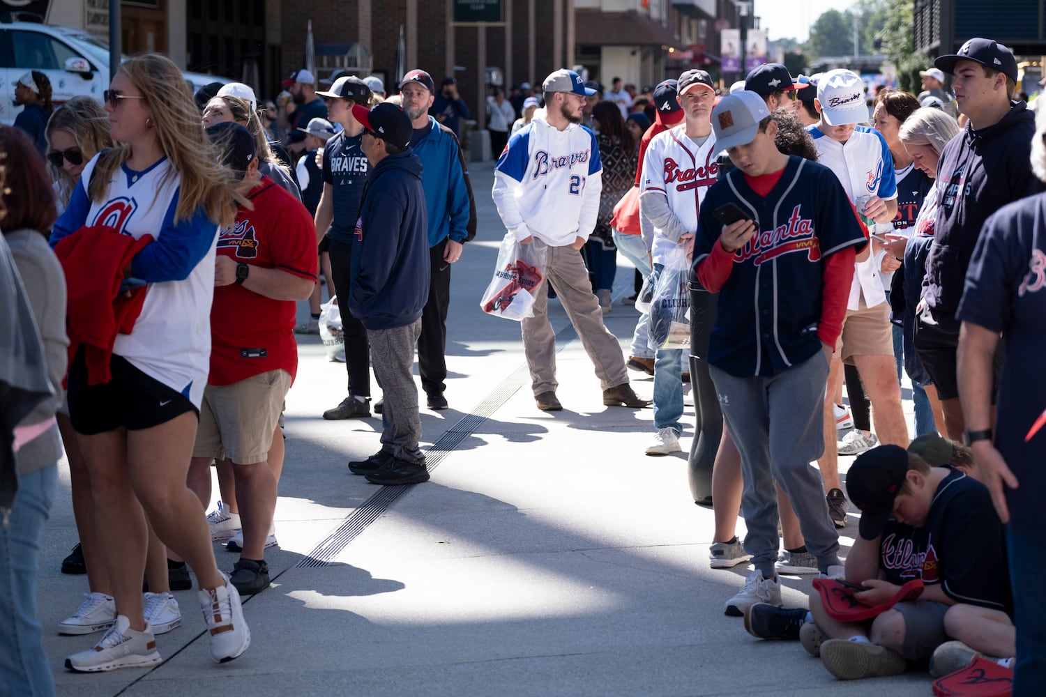 Braves fans line up and wait for the gates to open  before game one of the National League Division Series in Atlanta on Saturday, Oct. 7, 2023. (Ben Gray / Ben@BenGray.com)