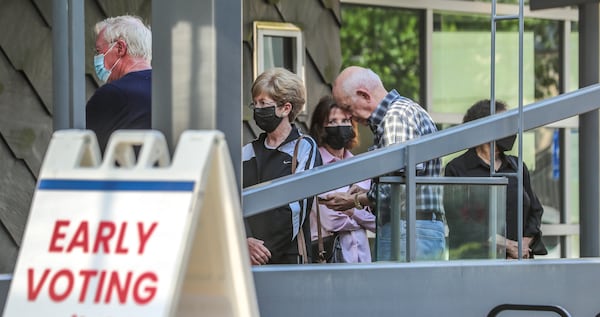 Voters gathered at the Buckhead Library in Atlanta for early voting on Monday May 2, 2022. (John Spink / John.Spink@ajc.com)


