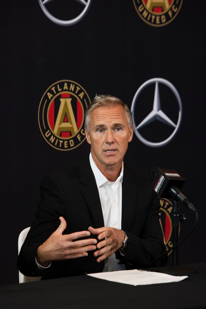 Chris Henderson, the newly appointed chief soccer officer and sporting director of Atlanta United, speaks during a press conference introducing Henderson as the new technical director on Tuesday, December 17, 2024, at the Atlanta United training grounds in Marietta, Georgia. CHRISTINA MATACOTTA FOR THE ATLANTA-JOURNAL CONSTITUTION.


