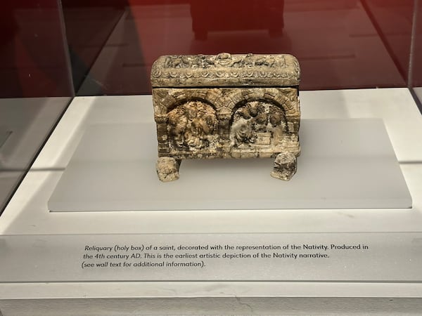 Oded Golan's collection of Jesus era antiquities at Pullman Yards in Atlanta through Feb. 28 includes this holy box that is dated to the fourth century and features a Nativity scene. Rodney Ho/AJC