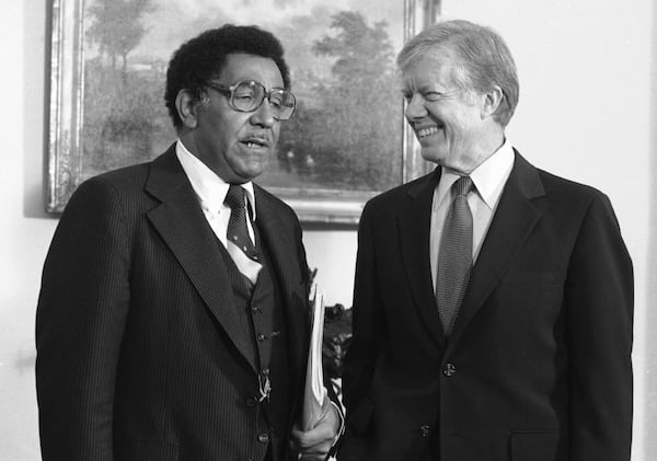 Joseph Lowery (left) meets with President Jimmy Carter in 1980 at the White House in Washington. (AP Photo/Jim Wilson, File)