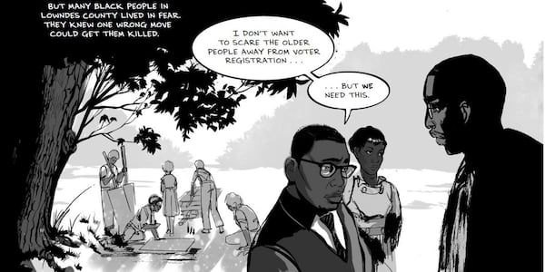 The new graphic memoir, “Run,” by Rep. John Lewis is illustrated by Stone Mountain artist Afua Richardson. The book begins in 1965, just after the Voting Rights Act is passed, and demonstrates that the fight for civil rights isn’t over. The first volume is due next year, but Richardson recently received some samples of advance pages from the publisher. CONTRIBUTED BY ABRAMS COMIC ARTS