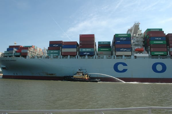 Savannah, Ga.: A pilot craft guides the Cosco Development, the largest container ship to ever call on an East Coast port, as it plies through the Savannah River en route to the Garden City Terminal on the Savannah River on Thursday, May 11, 2017. J. Scott Trubey/strubey@ajc.com