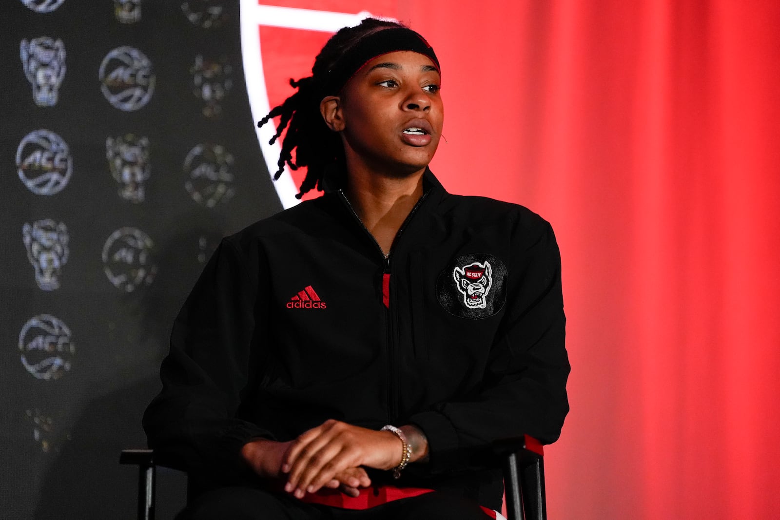 NC State guard Aziaha James speaks during a ACC women's NCAA college basketball media day, Tuesday, Oct. 8, 2024, in Charlotte, N.C. (AP Photo/Chris Carlson)