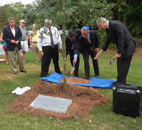 Dirt from the lynching site was used to plant a tree in Leo Frank’s memory. Photo: Jennifer Brett/jbrett@ajc.com