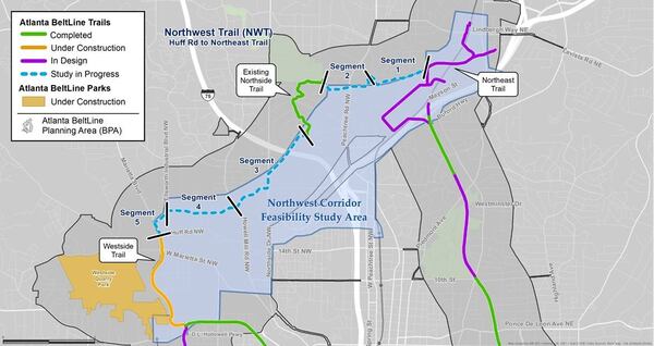 This map shows the northwest portion of the Beltline (dotted blue line) that will be studied.