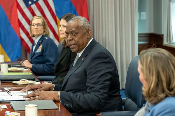 Secretary of Defense Lloyd Austin speaks during a meeting with Armenian Defense Minister Suren Papikyan at the Pentagon, Thursday, Dec. 5, 2024, in Washington. (AP Photo/Kevin Wolf)