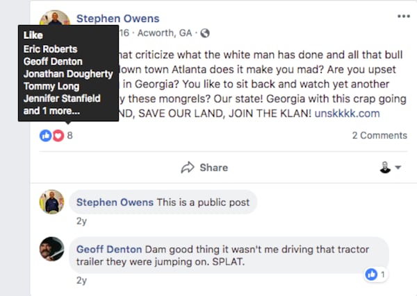 Stephen Owens' Facebook page posted this statement about the Black Lives Matter movement in Georgia, which officer Tommy Long's Facebook account liked, HuffPost reported. (Photo: HuffPost)