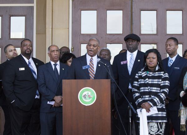 State Sen. Emanuel Jones addresses the public Monday during a press conference regarding the push to create a city of Eagle’s Landing. (REANN HUBER/REANN.HUBER@AJC.COM)