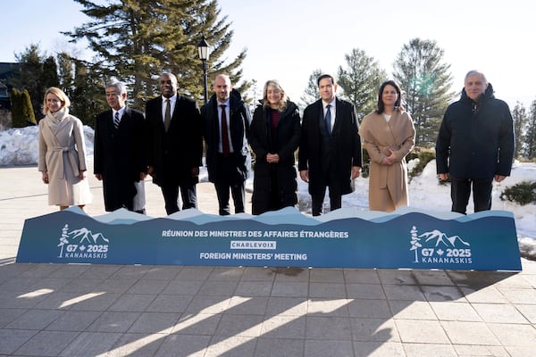 From left, European Union foreign policy chief Kaja Kallas, Japanese Foreign Minister Takeshi Iwaya, British Foreign Minister David Lammy, French Foreign Minister Jean-No'l Barrot, Canadian Foreign Minister Melanie Joly, US Secretary of State Marco Rubio, German Foreign Minister Annalena Baerbock and Italian Foreign Minister Antonio Tajani pose for a photo during the G7 foreign ministers meeting in La Malbaie, Canada, Friday March 14, 2025. (Saul Loeb, Pool Photo via AP)