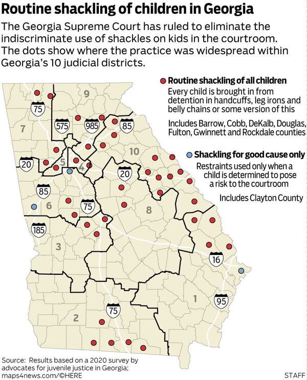 Map indicating where juvenile suspects were routinely shackled in Georgia