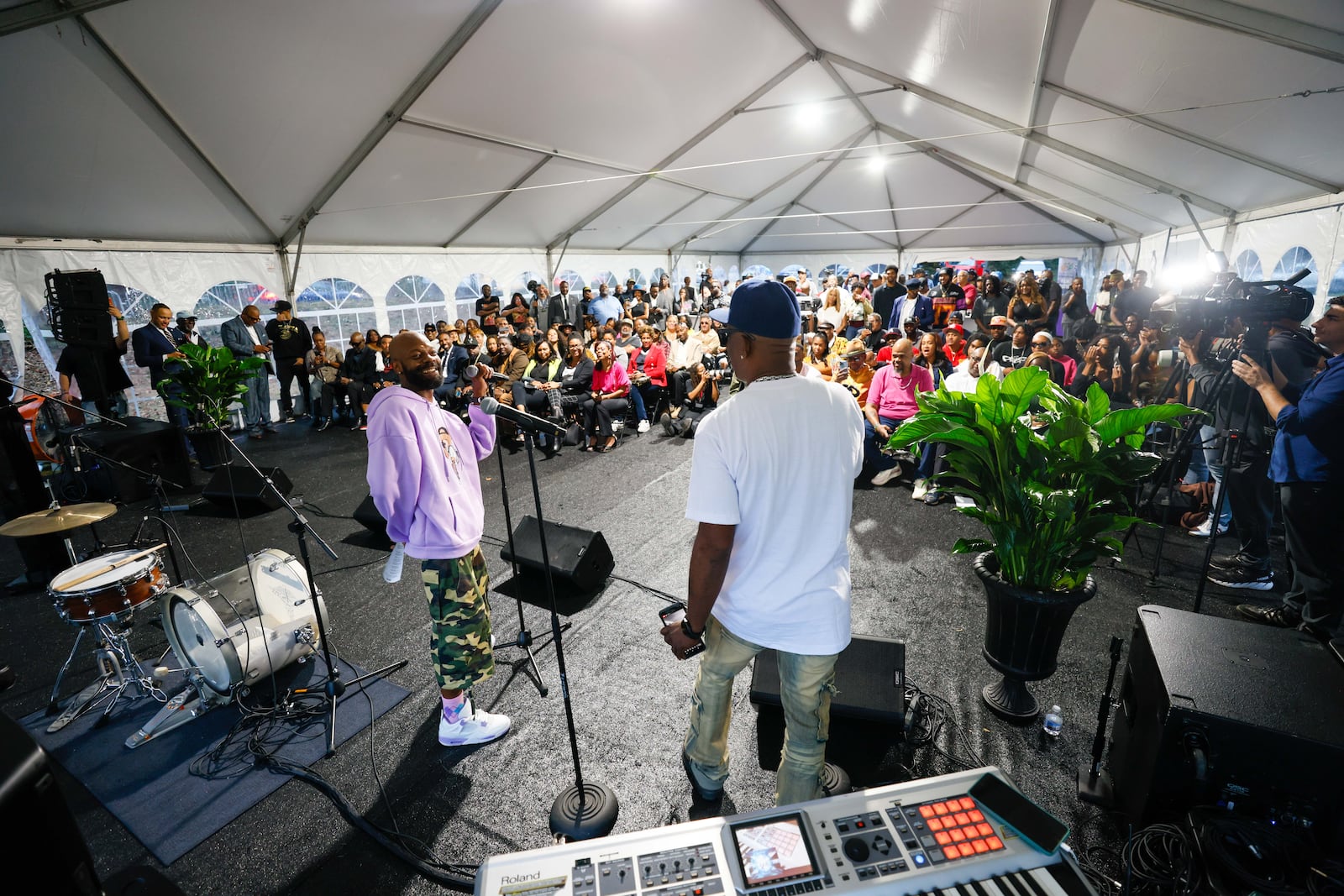 William ”Lil Will” Jones, left, performs during the celebrations of Rico Wade’s life and legacy in East Point on Thursday, Nov. 7, 2024.
(Miguel Martinez / AJC)