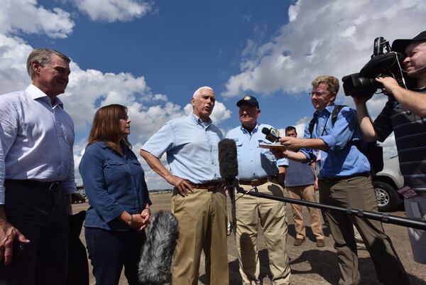 October 16, 2018 Moultrie - Vice President Mike Pence speaks to members of the press at Sunbelt Agricultural Exposition in Moultrie on Tuesday, October 16, 2018. Vice President Mike Pence touched down in this Southwest Georgia city Tuesday and addressed the Sunbelt Agricultural Exposition in Moultrie as he surveyed storm damage from Hurricane Michael. Pence's visit comes a day after President Donald Trump and First Lady Melania Trump traveled through the central part of the Peach State and met with farmers. HYOSUB SHIN / HSHIN@AJC.COM